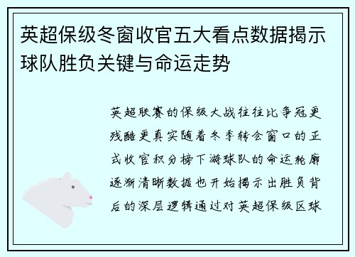 英超保级冬窗收官五大看点数据揭示球队胜负关键与命运走势